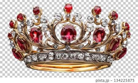 Intricate gold crown brooch of royal jewelry. majestic tiara with ruby and diamond expressing luxurious elegance 134225875