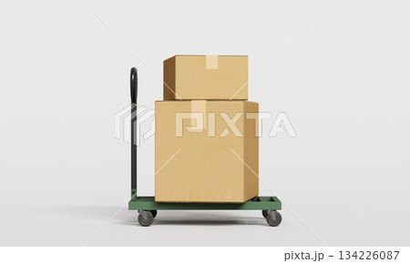Hand Truck and Cardboard Boxes. 3D Rendering.  134226087