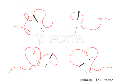 Elegant needle with thread. Needle symbol and curved thread, tailor and shoemaker needlework tool, sewing element. Small tattoo, print for clothes 134226262