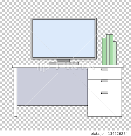 Illustration (color) of a simple desk with a monitor and a few books on it Illustration (color) of a simple desk with a monitor and a few books on it 134226284