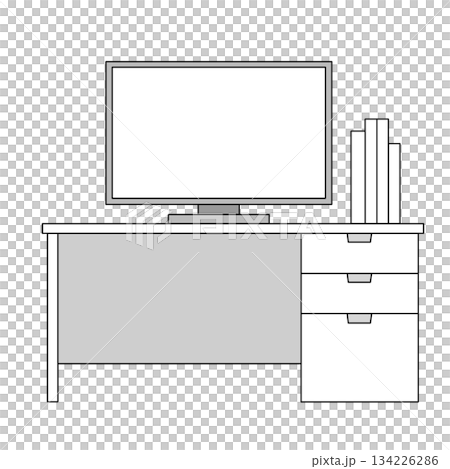 Illustration of a simple desk with a monitor and a few books (monochrome line drawing) Illustration of a simple desk with a monitor and a few books (monochrome line drawing) 134226286