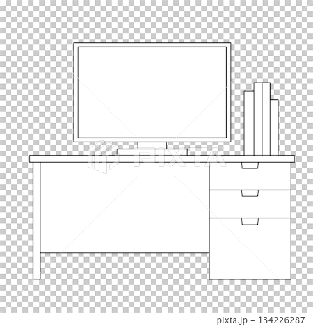 A simple illustration of a desk with a monitor and a few books (black and white line drawing) A simple illustration of a desk with a monitor and a few books (black and white line drawing) 134226287