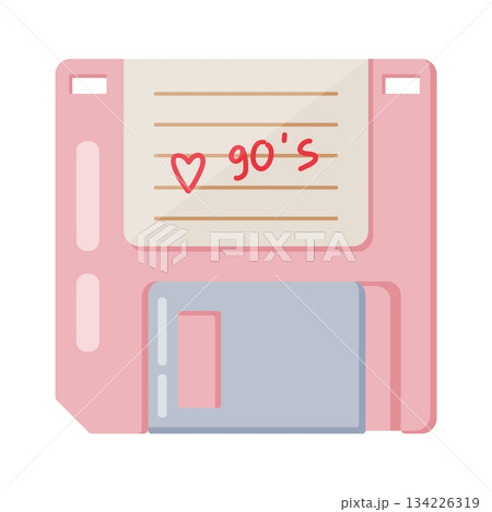 Retro pink floppy disk with 90s heart note Retro pink floppy disk with 90s heart note 134226319