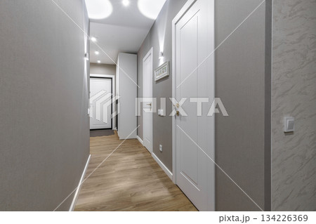 Modern Hallway with White Doors and Wooden Floor in Apartment Interior 134226369