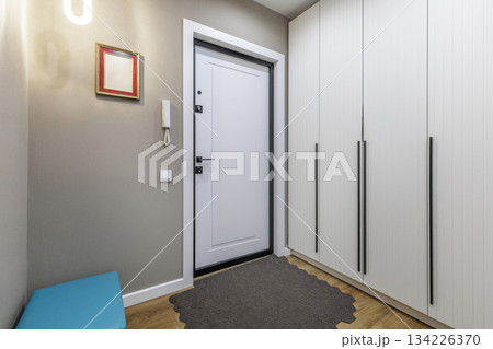 Modern Hallway with White Entrance Door and Built-in Wardrobe in Apartment Interior 134226370