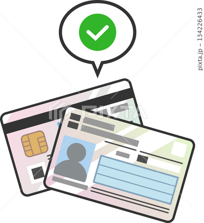 本人確認成功・認証済みチェックマークがついたマイナンバーカードアイコン　マイナ保険証両面ベクター素材 134226433
