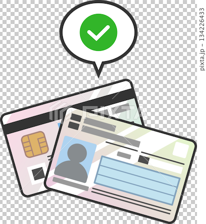 本人確認成功・認証済みチェックマークがついたマイナンバーカードアイコン　マイナ保険証両面ベクター素材 134226433