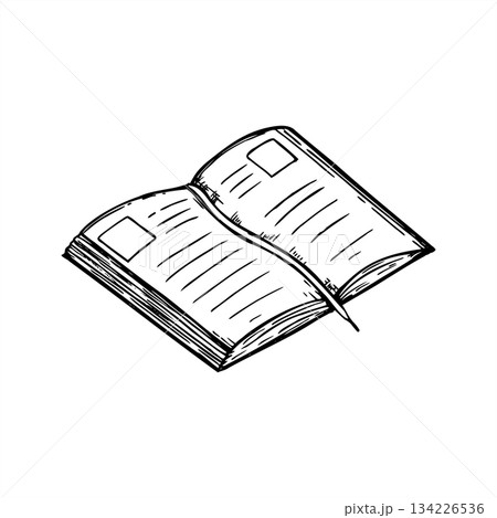 Monochrome open notebook or observation diary with photo frame, space for text, and decorative bookmark vector isolated illustration. template for stationery design, custom photo album creation Monochrome open notebook or observation diary with photo frame, space for text, and decorative bookmark vector isolated illustration. template for stationery design, custom photo album creation 134226536