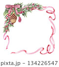 Christmas frame with wavy pink ribbon and acorn ornament in square shape in hand painted watercolor. Pink and green create a soft winter look. Perfect for festive wreath template and card design. 134226547