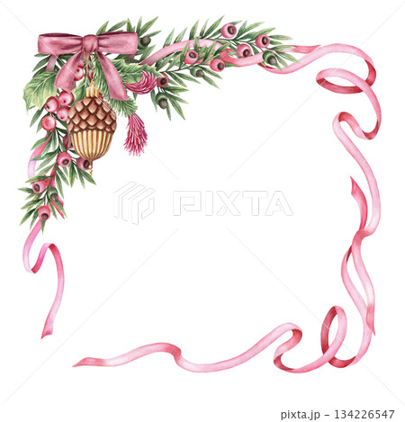 Christmas frame with wavy pink ribbon and acorn ornament in square shape in hand painted watercolor. Pink and green create a soft winter look. Perfect for festive wreath template and card design. 134226547