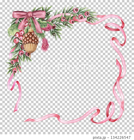 Christmas frame with wavy pink ribbon and acorn ornament in square shape in hand painted watercolor. Pink and green create a soft winter look. Perfect for festive wreath template and card design. 134226547