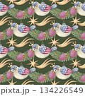 Bird with star Christmas tree ornaments seamless pattern. Hand drawn watercolor spruce branch on green background creates a winter mood. Perfect for traditional textile design. Great for wrap paper. 134226549