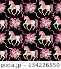 Cute pink unicorns seamless pattern with textured hand drawn watercolor. Sparkle diamond shape wavy ribbon on black background. Aesthetic festive design for winter textile and Christmas wrap paper. 134226550