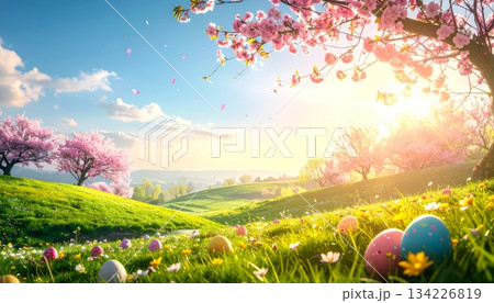 Easter-themed backgrounds are perfect for promotional backgrounds. 134226819
