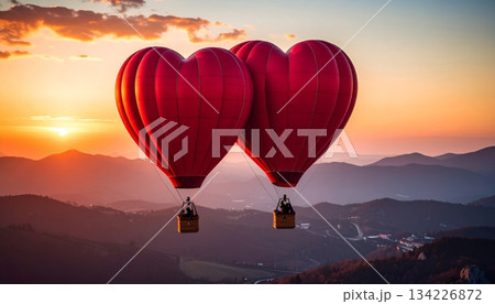 Hot air balloon at sunset in the sky, a colorful vector illustration of summer fun, flight, and travel adventure Hot air balloon at sunset in the sky, a colorful vector illustration of summer fun, flight, and travel adventure 134226872