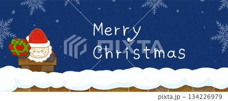 雪景色の中、煙突から家に入るサンタクロースのバナーイラスト～文字有り~ 134226979