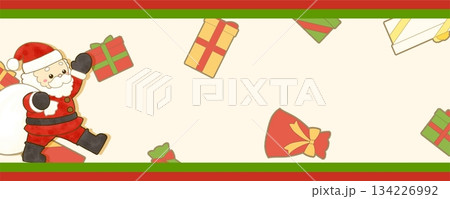 手を振るサンタクロースとプレゼントのイラストのバナー 134226992