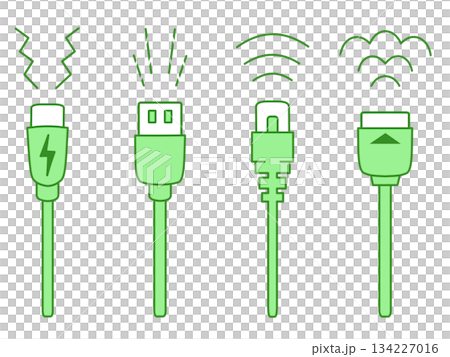 USB Type-C・USB Type-A・LANケーブル・HDMIケーブルのイラスト　緑 134227016