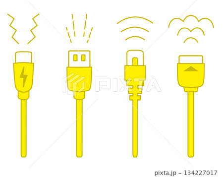 USB Type-C・USB Type-A・LANケーブル・HDMIケーブルのイラスト 黄色 USB Type-C・USB Type-A・LANケーブル・HDMIケーブルのイラスト 黄色 134227017