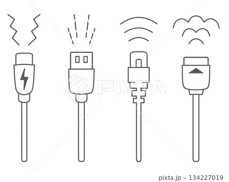 USB Type-C・USB Type-A・LANケーブル・HDMIケーブルのイラスト 白 USB Type-C・USB Type-A・LANケーブル・HDMIケーブルのイラスト 白 134227019