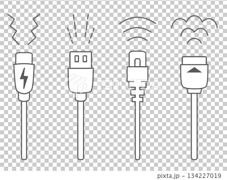 USB Type-C・USB Type-A・LANケーブル・HDMIケーブルのイラスト 白 USB Type-C・USB Type-A・LANケーブル・HDMIケーブルのイラスト 白 134227019