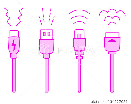 USB Type-C・USB Type-A・LANケーブル・HDMIケーブルのイラスト ピンク USB Type-C・USB Type-A・LANケーブル・HDMIケーブルのイラスト ピンク 134227021