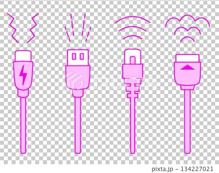 USB Type-C・USB Type-A・LANケーブル・HDMIケーブルのイラスト ピンク USB Type-C・USB Type-A・LANケーブル・HDMIケーブルのイラスト ピンク 134227021