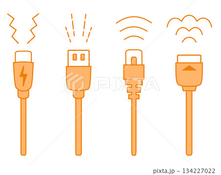 USB Type-C・USB Type-A・LANケーブル・HDMIケーブルのイラスト　オレンジ 134227022