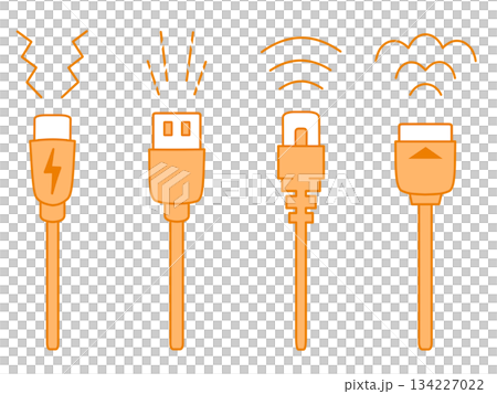 USB Type-C・USB Type-A・LANケーブル・HDMIケーブルのイラスト　オレンジ 134227022