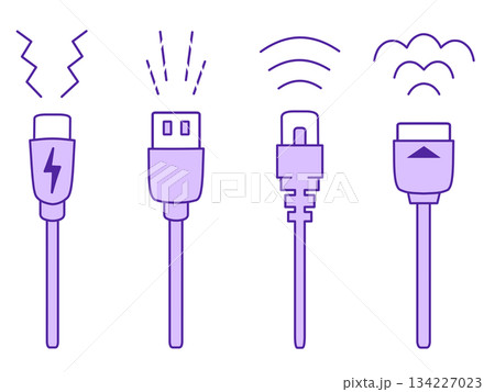 USB Type-C・USB Type-A・LANケーブル・HDMIケーブルのイラスト　紫 134227023