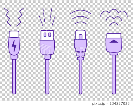 USB Type-C・USB Type-A・LANケーブル・HDMIケーブルのイラスト　紫 134227023