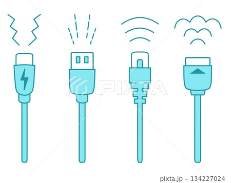 USB Type-C・USB Type-A・LANケーブル・HDMIケーブルのイラスト　青 134227024