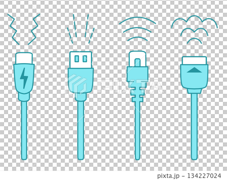 USB Type-C・USB Type-A・LANケーブル・HDMIケーブルのイラスト　青 134227024