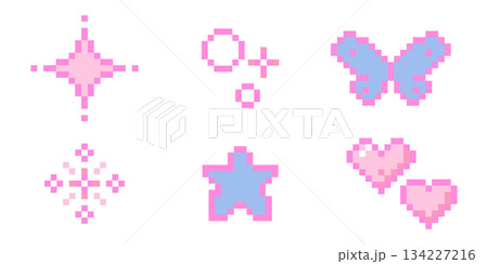 Cute pixel set elements, girly stars, bows, heart. Spring flowers and cherry y2k retro game 8 bit icons. Pixel collection. 134227216