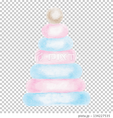 Pastel blue and pink stacking toy illustrated as hand drawn watercolor clipart suitable for childrens product labels, nursery prints, baby shower cards and playful design layouts for infants 134227535