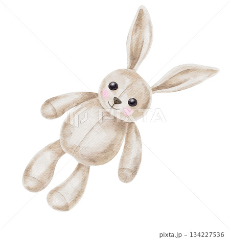 Beige plush rabbit toy painted as hand drawn watercolor illustration fitting for nursery prints, baby shower invitations, children product packaging and baby-themed design collections Beige plush rabbit toy painted as hand drawn watercolor illustration fitting for nursery prints, baby shower invitations, children product packaging and baby-themed design collections 134227536