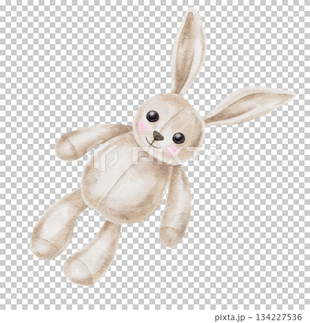 Beige plush rabbit toy painted as hand drawn watercolor illustration fitting for nursery prints, baby shower invitations, children product packaging and baby-themed design collections Beige plush rabbit toy painted as hand drawn watercolor illustration fitting for nursery prints, baby shower invitations, children product packaging and baby-themed design collections 134227536