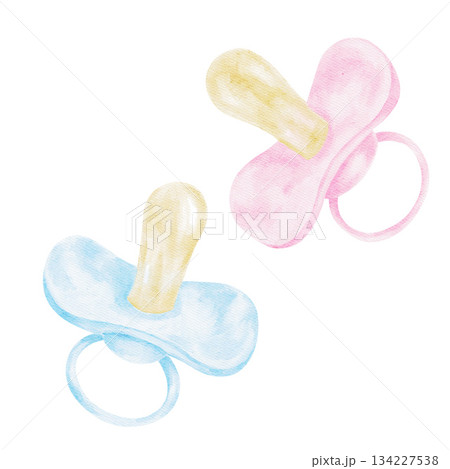 Blue and pink pacifiers painted as hand drawn watercolor clipart suited for gender reveal invitations, baby shower cards, product labels, nursery prints and merchandise for newborn designs Blue and pink pacifiers painted as hand drawn watercolor clipart suited for gender reveal invitations, baby shower cards, product labels, nursery prints and merchandise for newborn designs 134227538