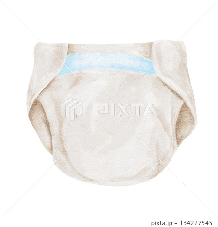 Neutral diaper with a blue trim painted in soft watercolor tones forms a decorative hand-drawn clipart. Great for baby shower tags, announcement graphics, packaging design, and baby products Neutral diaper with a blue trim painted in soft watercolor tones forms a decorative hand-drawn clipart. Great for baby shower tags, announcement graphics, packaging design, and baby products 134227545