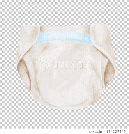 Neutral diaper with a blue trim painted in soft watercolor tones forms a decorative hand-drawn clipart. Great for baby shower tags, announcement graphics, packaging design, and baby products Neutral diaper with a blue trim painted in soft watercolor tones forms a decorative hand-drawn clipart. Great for baby shower tags, announcement graphics, packaging design, and baby products 134227545