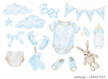 Blue baby set including bodysuit, shoes, socks, balloon, bottle, and footprints as watercolor cliparts. Hand-drawn bundle suits planners, invitations, printable decor, and baby designs Blue baby set including bodysuit, shoes, socks, balloon, bottle, and footprints as watercolor cliparts. Hand-drawn bundle suits planners, invitations, printable decor, and baby designs 134227547