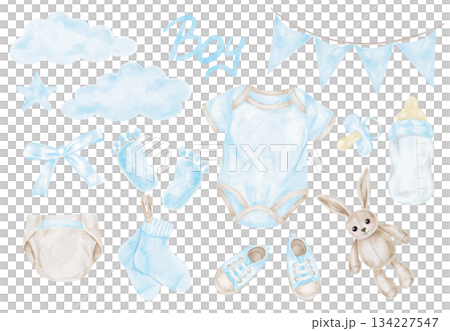 Blue baby set including bodysuit, shoes, socks, balloon, bottle, and footprints as watercolor cliparts. Hand-drawn bundle suits planners, invitations, printable decor, and baby designs Blue baby set including bodysuit, shoes, socks, balloon, bottle, and footprints as watercolor cliparts. Hand-drawn bundle suits planners, invitations, printable decor, and baby designs 134227547