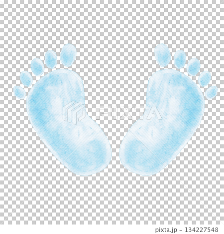 Blue infant footprints illustrated in watercolor create an expressive hand-drawn element. Great for baby shower decorations, announcement cards, gender reveal graphics, scrapbooking 134227548