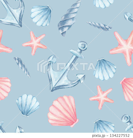 Blue anchors, soft pink shells and light coral starfish create this watercolor clipart hand drawn seamless pattern. Perfect for fabrics, beach accessories, packaging design, ocean-themed crafts Blue anchors, soft pink shells and light coral starfish create this watercolor clipart hand drawn seamless pattern. Perfect for fabrics, beach accessories, packaging design, ocean-themed crafts 134227552