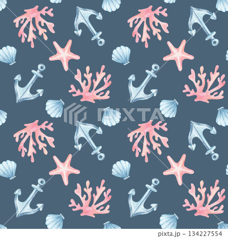 Pink starfish, coral branches, and blue anchors on navy create this watercolor clipart and hand drawn seamless pattern ideal for fashion textiles, packaging, wallpaper, and nautical product branding Pink starfish, coral branches, and blue anchors on navy create this watercolor clipart and hand drawn seamless pattern ideal for fashion textiles, packaging, wallpaper, and nautical product branding 134227554