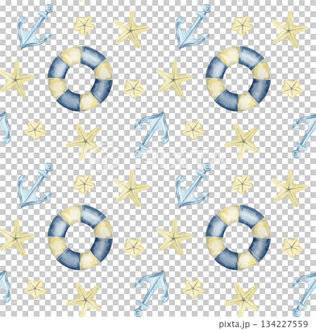 Soft blue anchors, beige starfish, and lifebuoys arranged in this watercolor clipart and hand drawn seamless pattern for summer fabrics, sticker sheets, wrapping paper, and beach-themed product lines 134227559