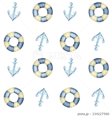 Blue anchors, lifebuoys, and beige starfish repeat in this watercolor clipart hand drawn seamless pattern for gift wrap, fabric prints, marine branding, cruise merchandise, and scrapbook materials. 134227560