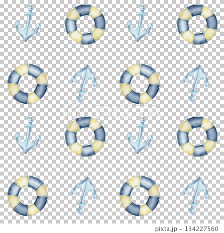 Blue anchors, lifebuoys, and beige starfish repeat in this watercolor clipart hand drawn seamless pattern for gift wrap, fabric prints, marine branding, cruise merchandise, and scrapbook materials. 134227560