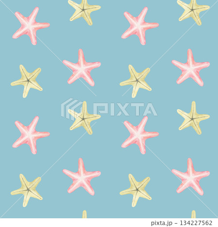 Yellow and pink starfish on a blue field create this watercolor clipart and hand drawn seamless pattern perfect for apparel prints, swimwear fabric packaging design, and coastal craft merchandise 134227562