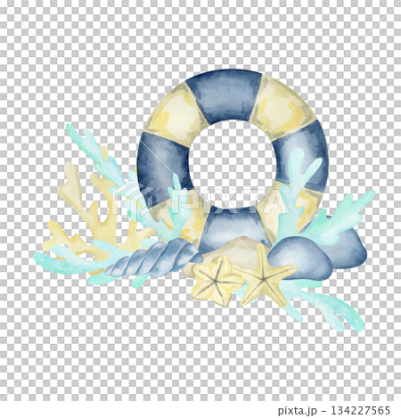 Blue and yellow lifebuoy with teal seaweed, coral shapes and stones as a hand drawn watercolor illustration suited for nautical stationery, travel branding, stickers, packaging and ocean-themed decor 134227565